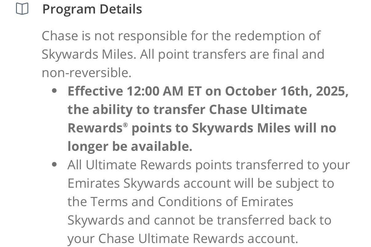 Read more about the article Chase Ultimate Rewards to lose Emirates Skywards as a transfer partner Oct. 16